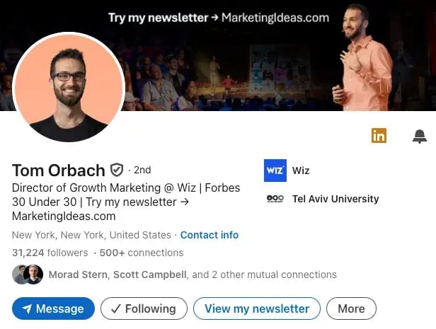 Tom Orbach's LinkedIn profile page