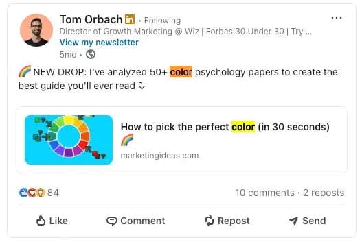 linkedin post from tom orbach teasing newsletter content on color psychology with a link to his site.