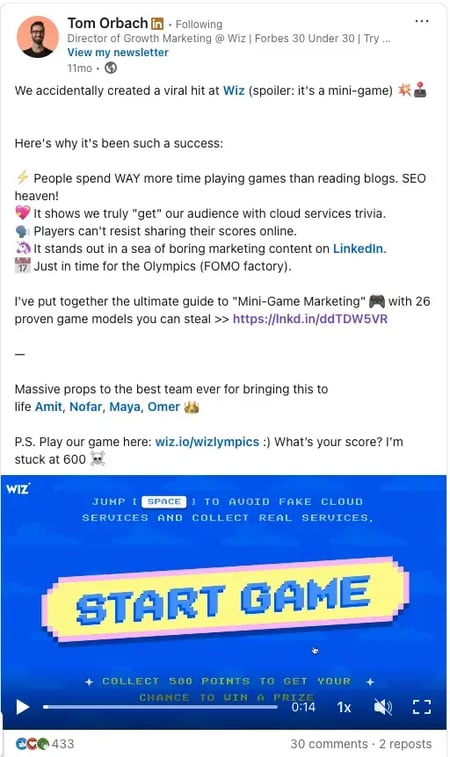 screenshot of a linkedin post by tom orbach promoting a gated guide called mini-game marketing, featuring a blue start game graphic from a wiz campaign and a caption linking to the full guide.