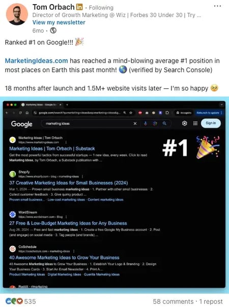 linkedin post from tom orbach celebrating marketingideas.com ranking #1 on google for marketing ideas, featuring a screenshot of the google results page with toms site in the top spot and a large #1 and celebration emoji overlaid on the image.