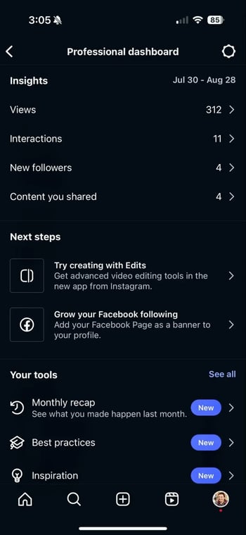 screenshot of the Instagram Insights dashboard 