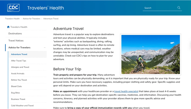 example of a passive website from cdc travel