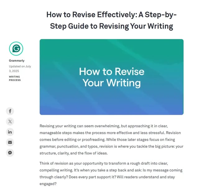 screenshot from Grammarly blogs shows how social media icons can be shared on content.