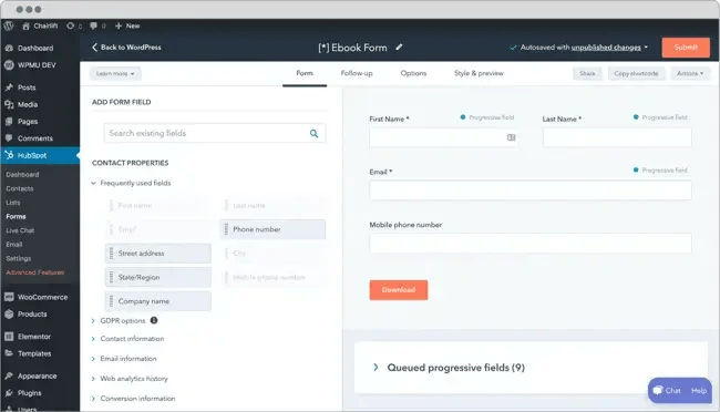 hubspot form wp plugin