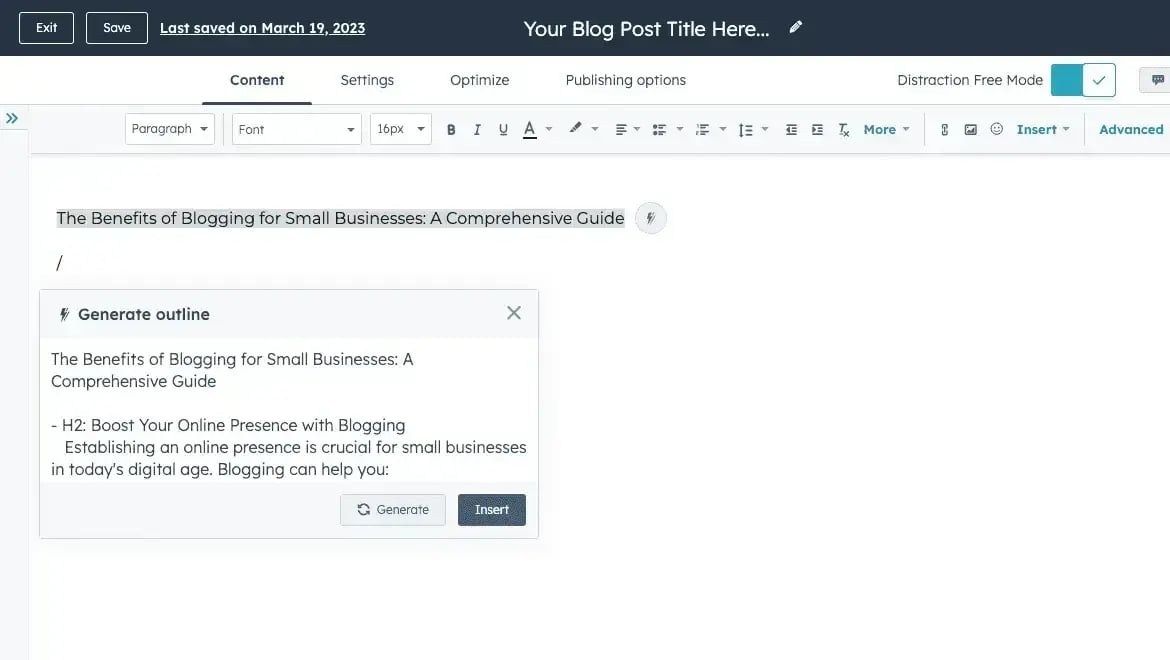 51Թ's free AI blog writer generating an outline for a benefits of blogging post