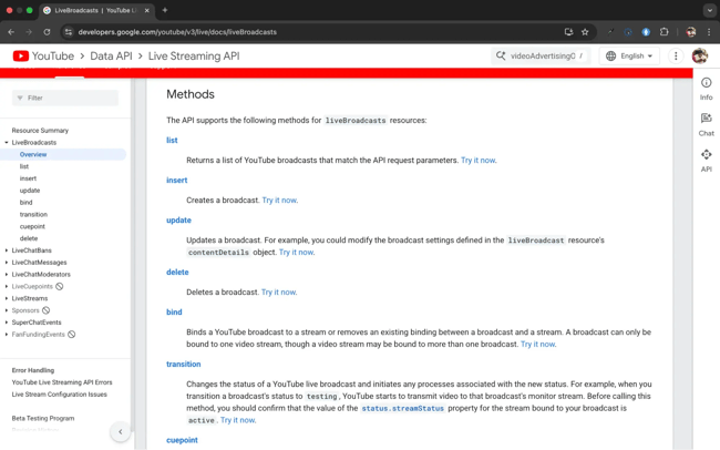 youtube live streaming api