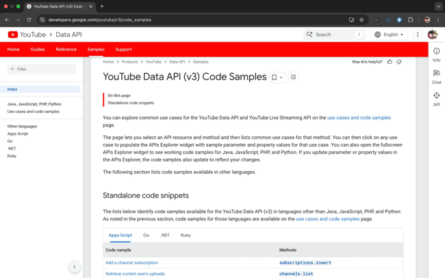 youtube api: youtube data api (v3) code samples