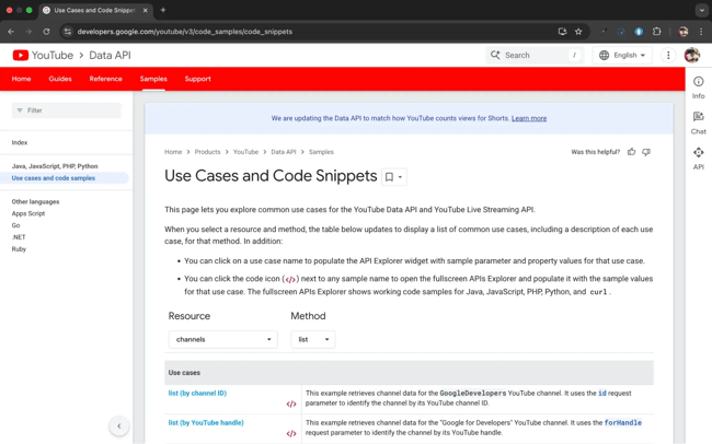 youtube api use cases and code snippets