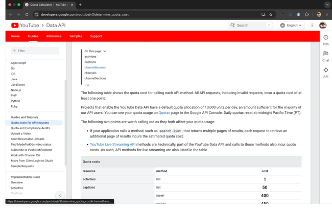 youtube api cost and quota usage
