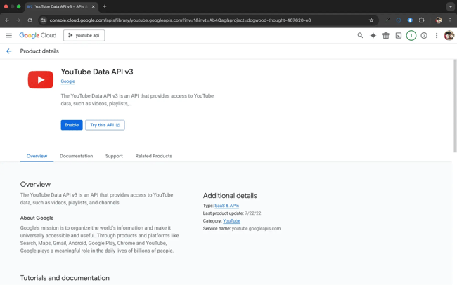 youtube api: youtube data api v3
