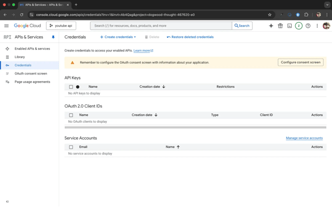 youtube api, create a credential