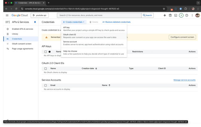 youtube api, create a credential