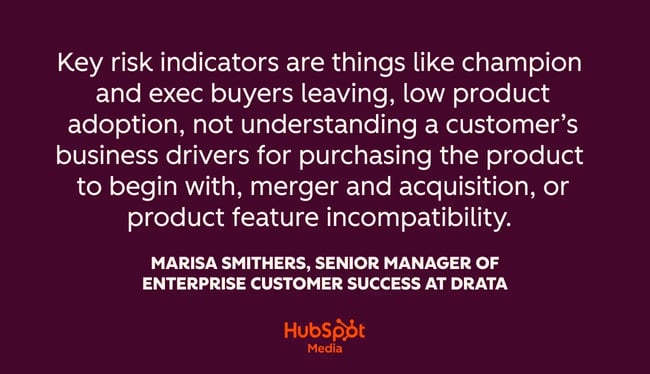 quote graphic, Key risk indicators are things like champion and exec buyers leaving, low product adoption, not understanding a customer’s business drivers for purchasing the product to begin with, merger and acquisition, or product feature incompatibility.
