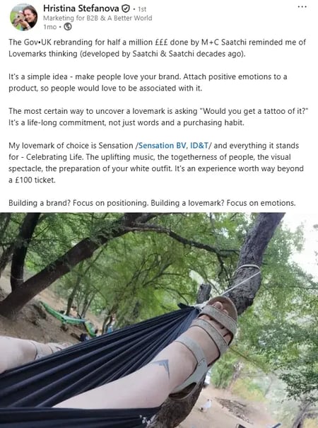 how to design a logo: a screenshot of a linkedin post discussing “lovemarks thinking.”