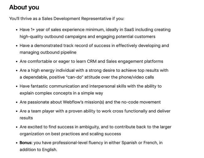 getting started in sales: sale development rep job posting from webflow