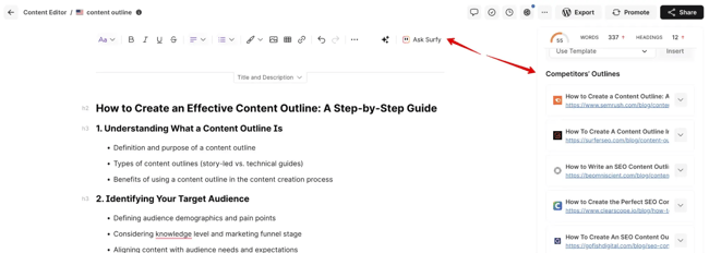 Use Surfer Content Editor to map out common patterns for your article based on the top 10.