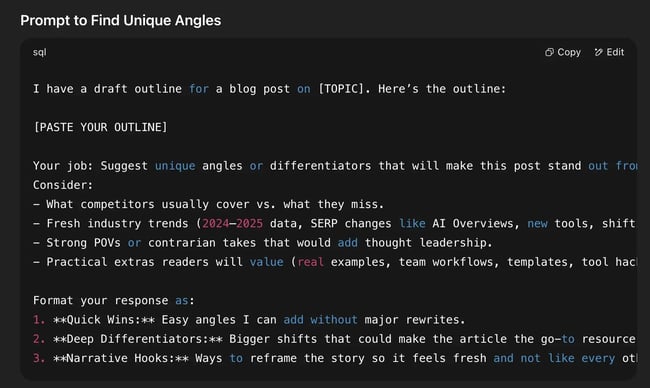 prompt chatgpt to suggest unique angles to your article based on industry trends