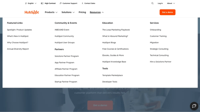 What is information architecture example: HubSpot homepage