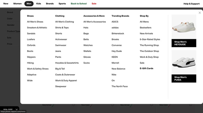 information architecture: zappos site navigation
