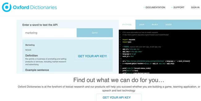 Oxford Dictionaries API landing page