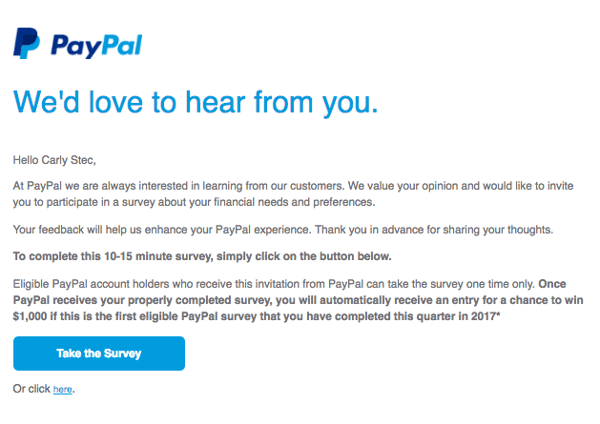 exemplo de e-mail da PayPal coletando feedback do cliente