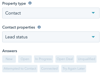 Selecting the "Contact" Property type and "Lead status" Contact properties from two drop-down menus followed by quick-reply Answers