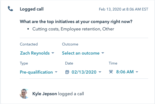 Log information from a call including the person on the call, date, and purpose of call