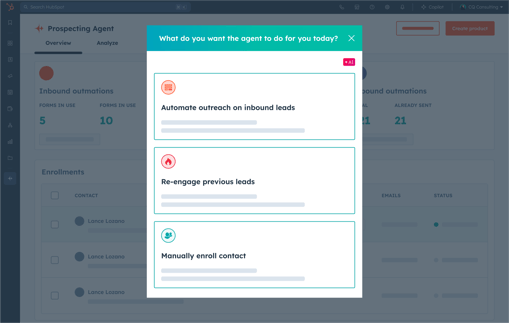 HubSpot UI showing the various functions of the AI prospecting agent: automate outreach on inbound leads, re-engage previous leads, or manually enroll a contact