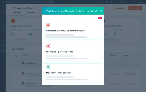HubSpot user interfacing showing the options for using the AI prospecting agent, including automating outreach on inbound leads, re-engaging previous leads, and manually enrolling contacts.