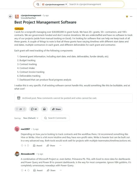 Reddit post in rprojectmanagement outlining detailed requirements for evaluating project management software