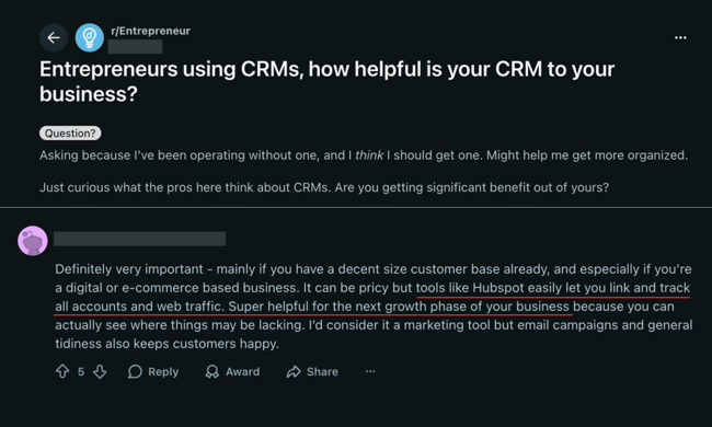 Reddit thread where an entrepreneur shares how HubSpot CRM helps businesses grow