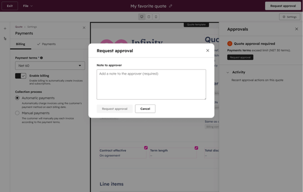 HubSpot Angebotsfreigabe: Schmale Ansicht des Freigabe-Panels mit Genehmigungsanfrage und seitlichem Kontext-Panel