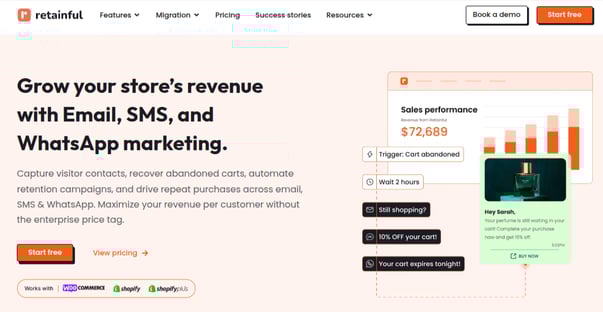 Landing page of Retainful email marketing platform for Email, SMS and WhatsApp marketing. 