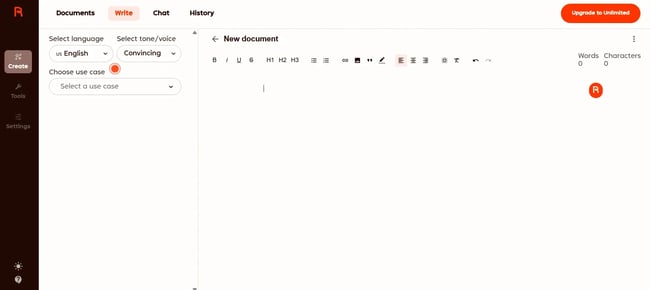 Rytr AI writing interface, Affordable top AI tools for content writing