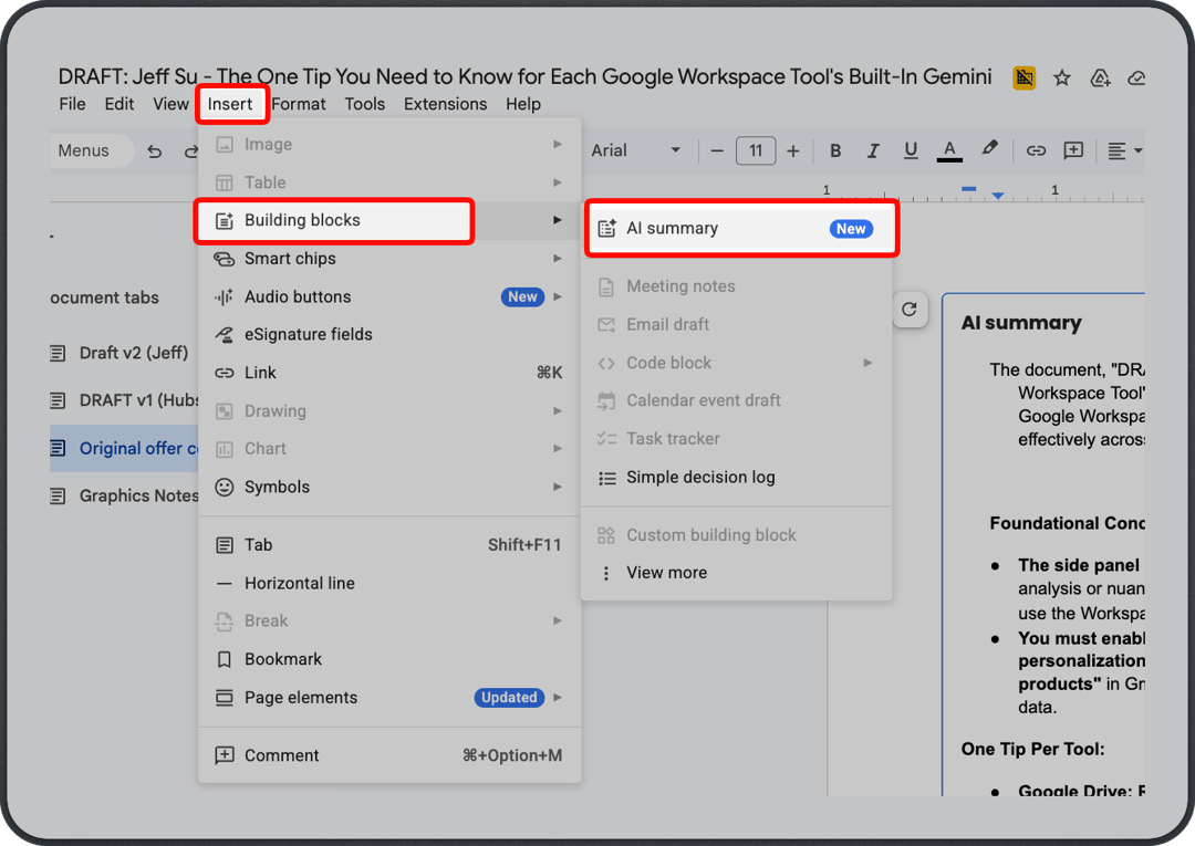 how to get an AI summary in a google doc
