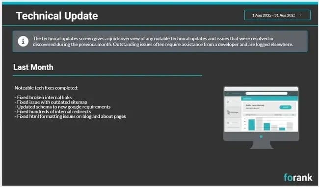 SEO reporting, screenshot of the works completed page from an seo report template.