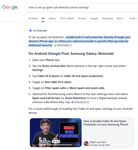 SEO trends in video, a Google AI Overview playing a recommended video from its most relevant chapter rather than the start.