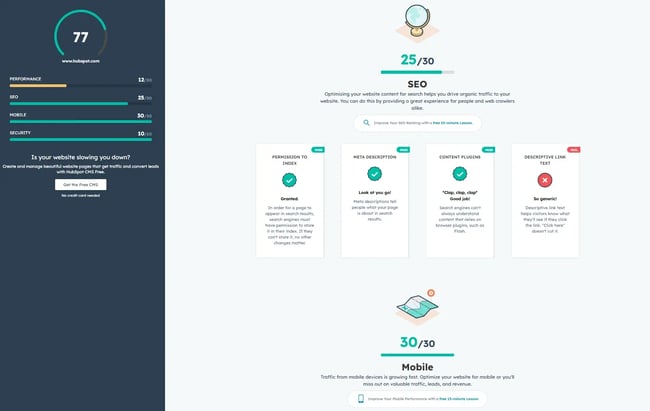 SEO trends, Screenshot from HubSpot’s Website Grader.