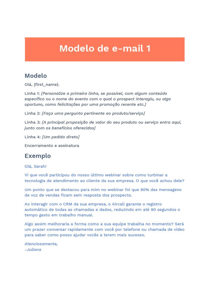 Modelo de cadencia de vendas - modelo de e-mail