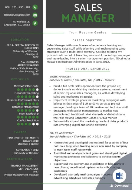 Sales Manager Resume Template from Resume Genius
