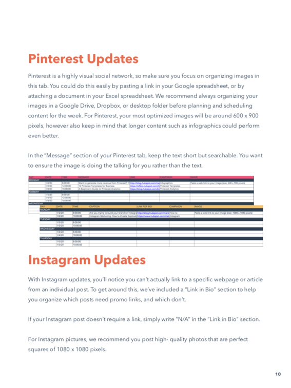 Screenshots of Pinterest and Instagram planning sections from HubSpot's social media calendar template, showing spreadsheet layouts for organizing visual content with platform-specific optimization tips and posting schedules