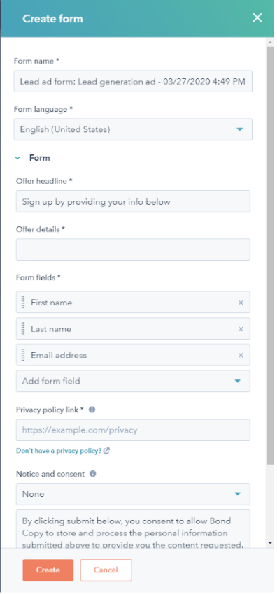 form type and CTA
