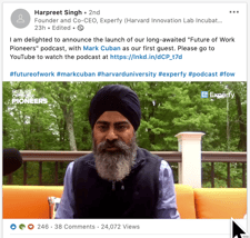 Harpreet Singh announces The Future of Work Podcast in a video on LinkedIn