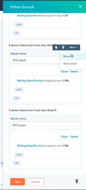 Screenshot of a branch condition with a menu featuring options to move up or move down.