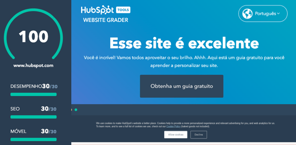 captura de tela mostra resultado da avaliação de site usando o website grader