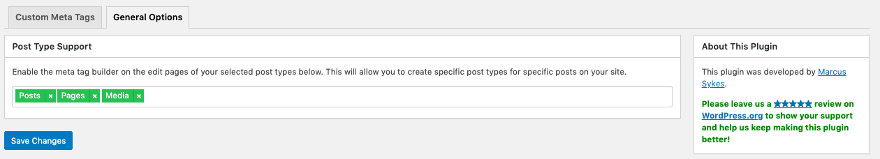 Configuring post type support in Meta Tag Manager plugin for WordPress