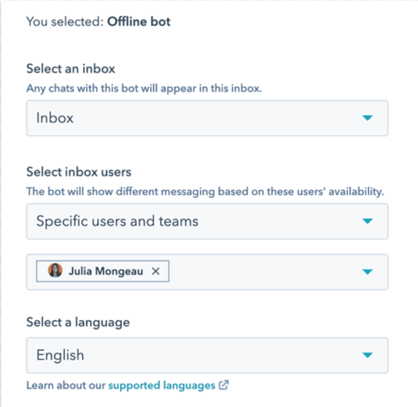 Offline bot creation panel with option dropdowns