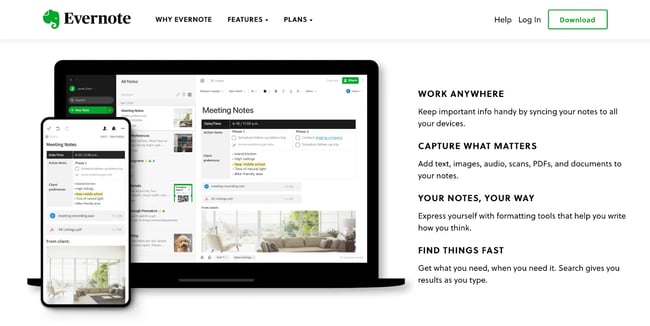 Evernote website homepage benefits
