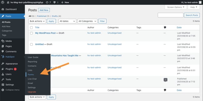 WordPress login popup: HubSpot > Forms