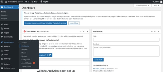 click appearance > customize to begin process of changing copyright footer in wordpress